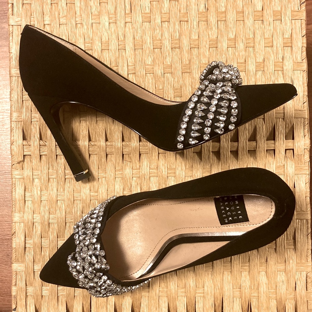 White House Black Market “Evie” Black Velvet Crystal Rhinestones High Heels - Picture 2 of 4